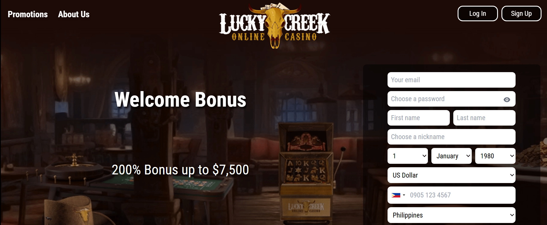 Homepage view of Lucky Creek California casino offering best mobile experience