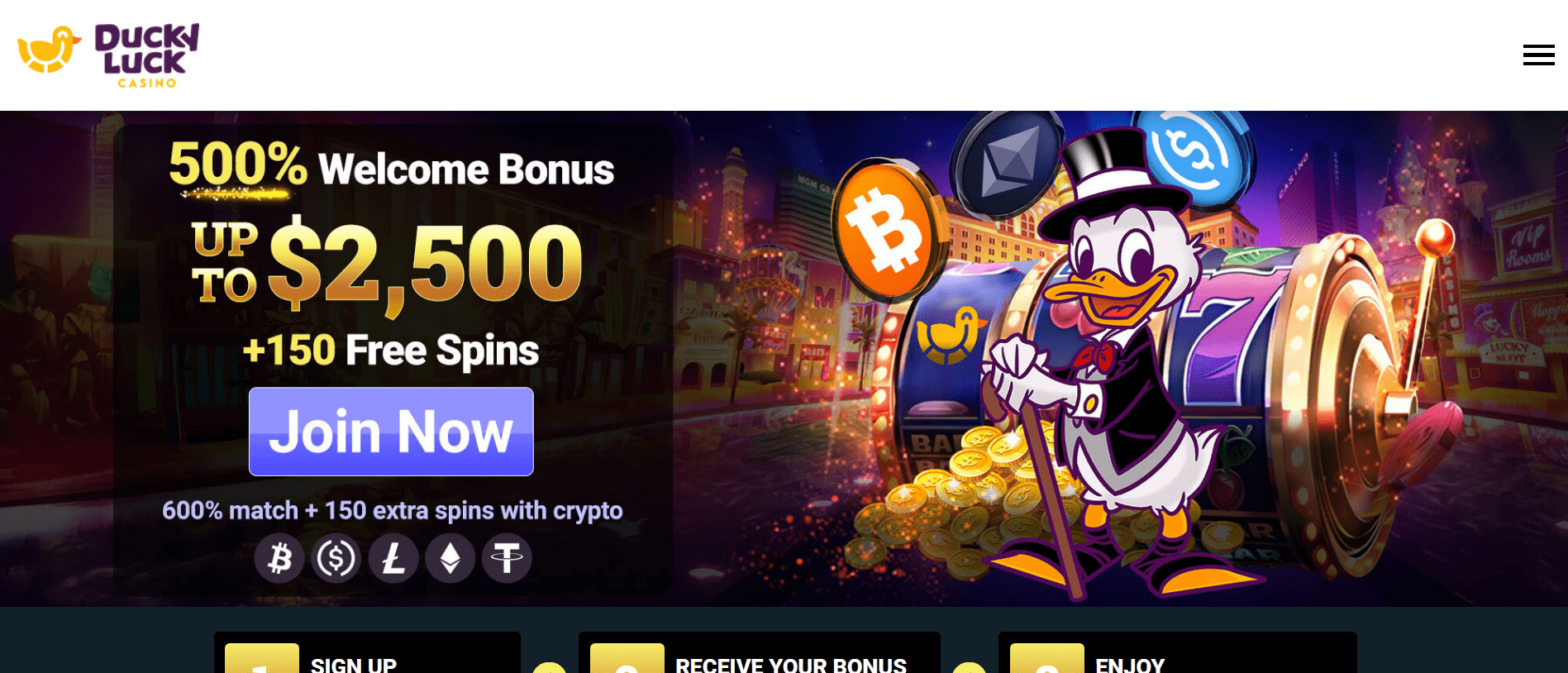 Homepage view of DuckyLuck California casino offering fun and engaging gameplay