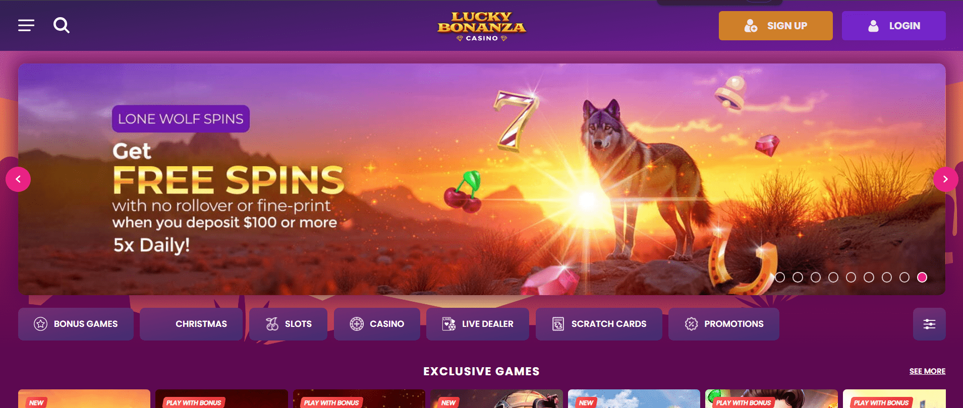 Screenshot of Lucky Bonanza California with huge game variety and jackpots