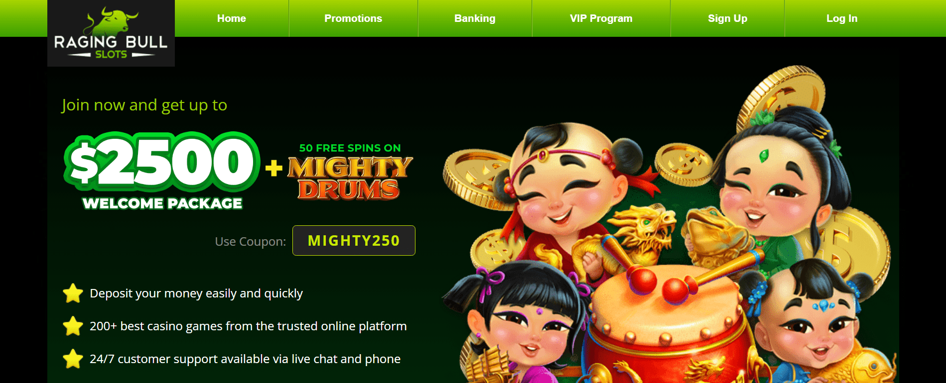 Homepage snapshot of Raging Bull California casino featuring fast payouts and top slots