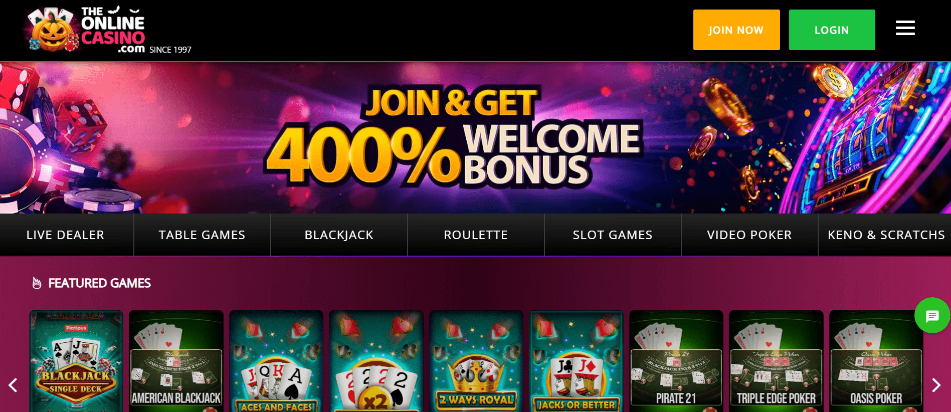 Homepage snapshot of TheOnlineCasino California with easy deposits and withdrawals