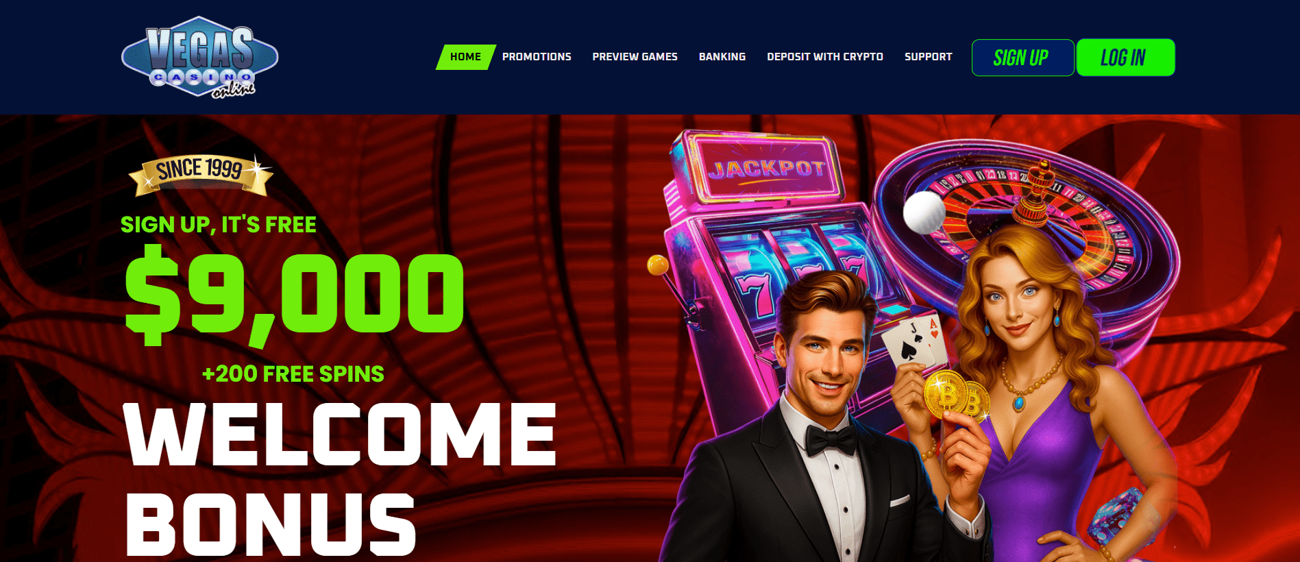 Homepage snapshot of VegasCasino California with classic Vegas feel and online convenience